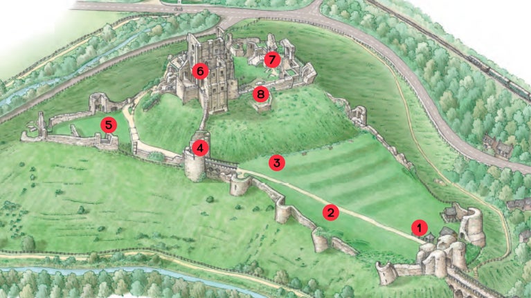 Map of Corfe Castle with audio tour points marked